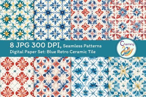 Digital Papers Set: Blue Retro Ceramic Patterns