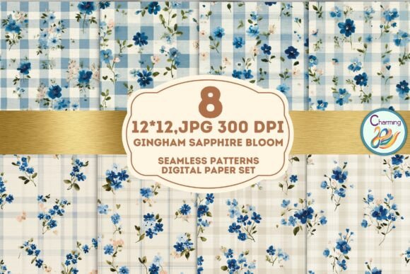 Seamless Paper: Gingham Sapphire Bloom for Your Designs