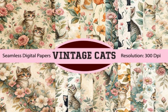 Unleash Feline Charm with Vintage Cats Seamless Digital Paper